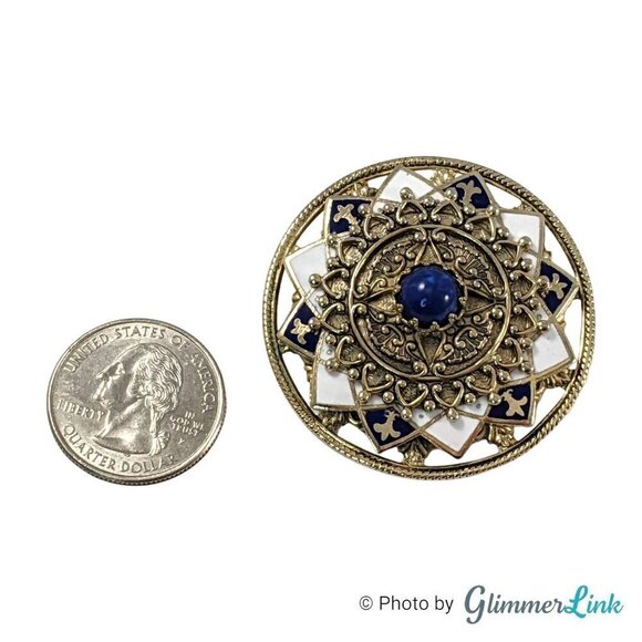 Vintage Ornate Round Blue White Fleurs de Lis Gold Tone Brooch Pin - Picture 5 of 8